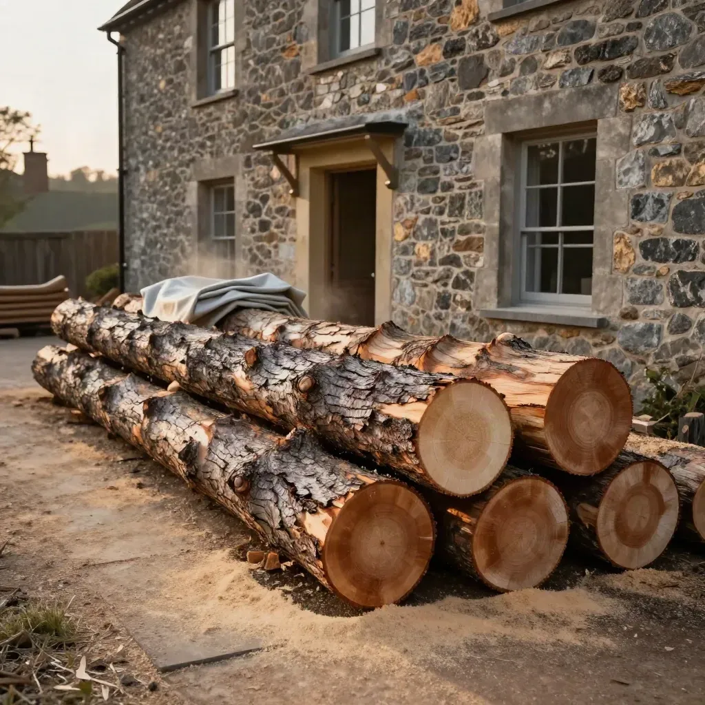 Billots de chêne devant une maison en pierre, chantier d’abattage sécurisé.