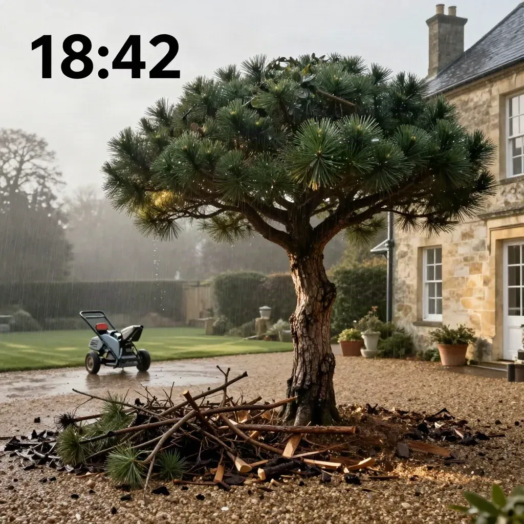 Grand pin parasol fraîchement élagué, allée mouillée, broyeur et branches devant un manoir en pierre.