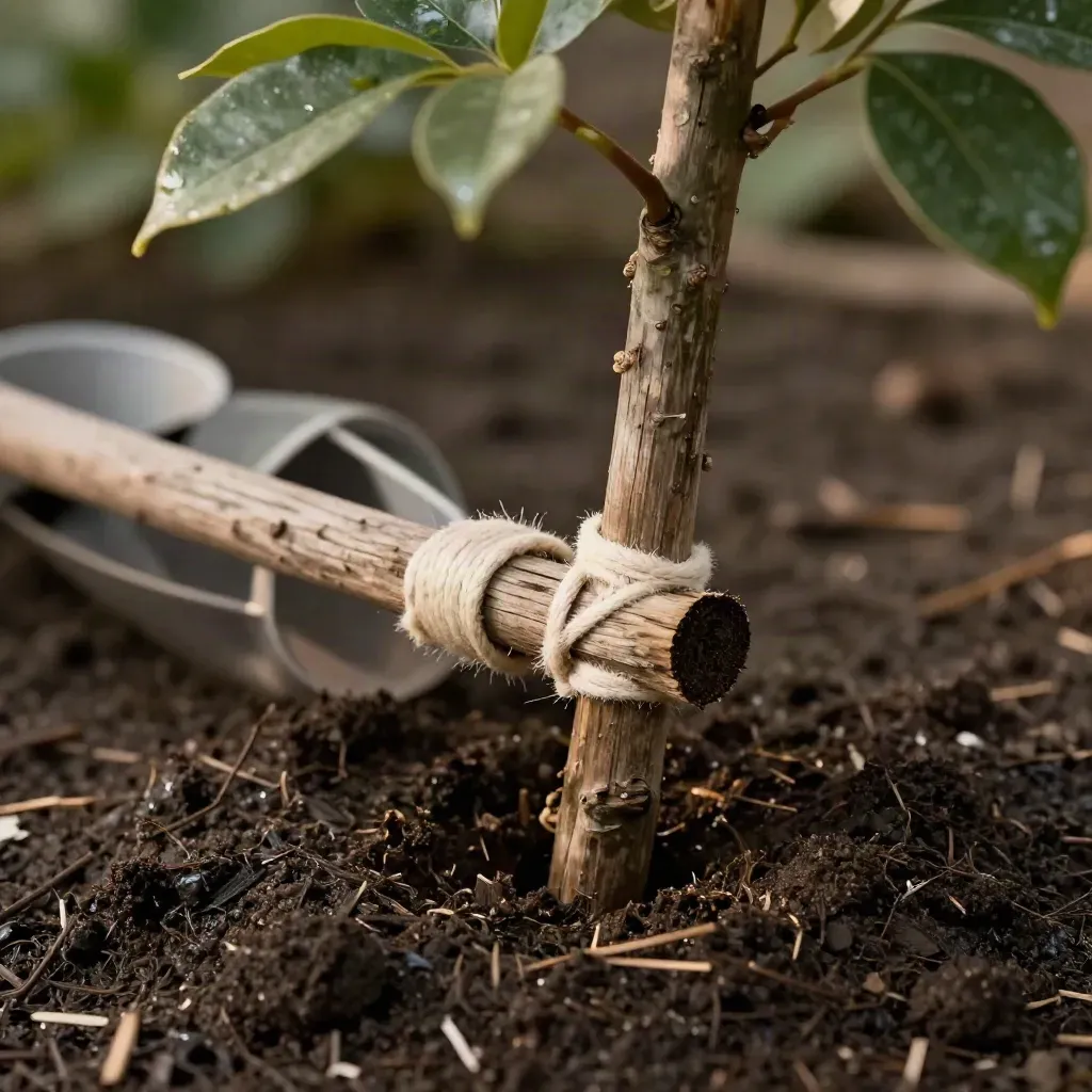 Jeune arbre planté, tuteur en bois, liens de coco et terre humide dans un jardin.