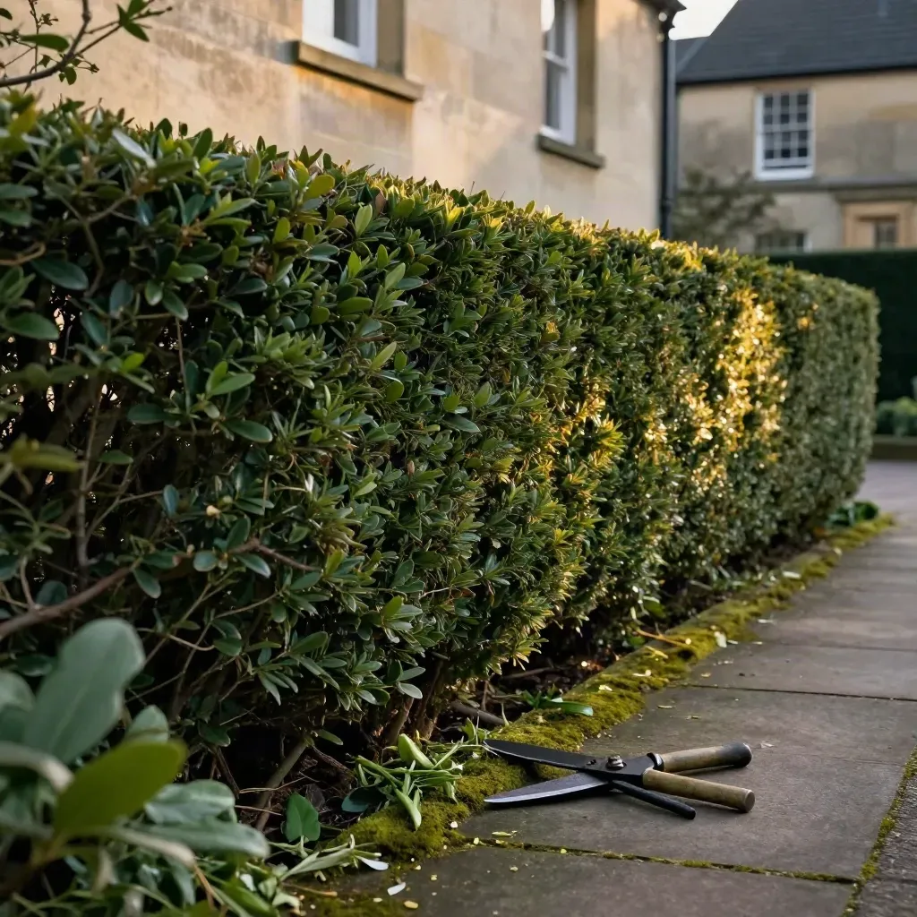 Haie de jardin taillée au cordeau, chutes au pied et mousse sur la base.
