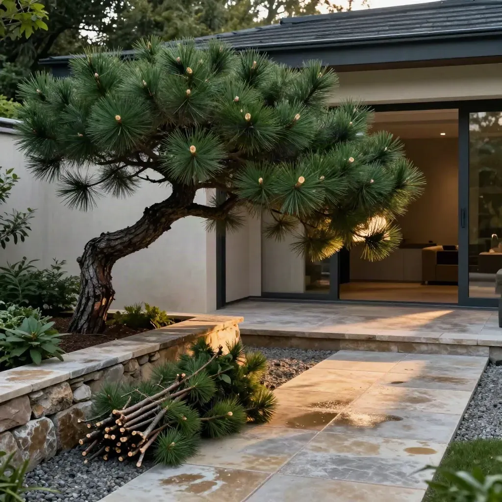 Pin parasol taillé au-dessus d’une terrasse protégée, allée dégagée et branches rassemblées.