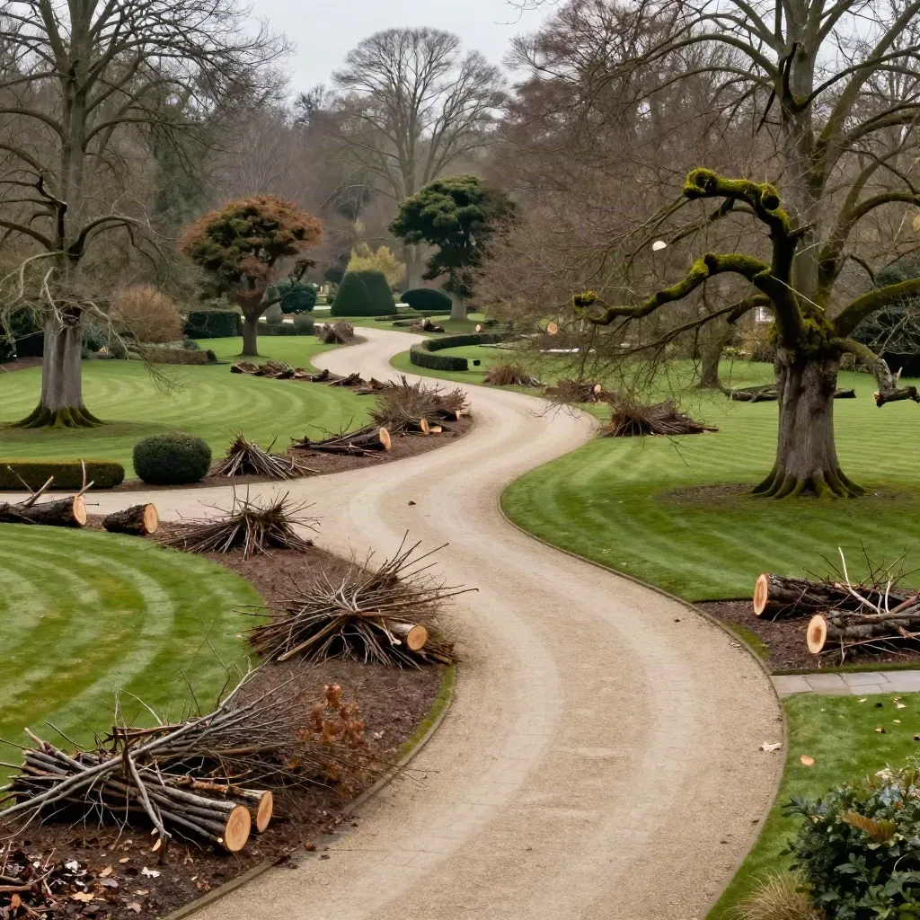 Parc de domaine après tempête, allées dégagées et branches rassemblées sous les arbres.