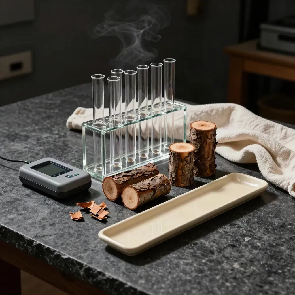 Kit de diagnostic arboricole sur pierre sombre, tubes, carottes de bois et capteur.