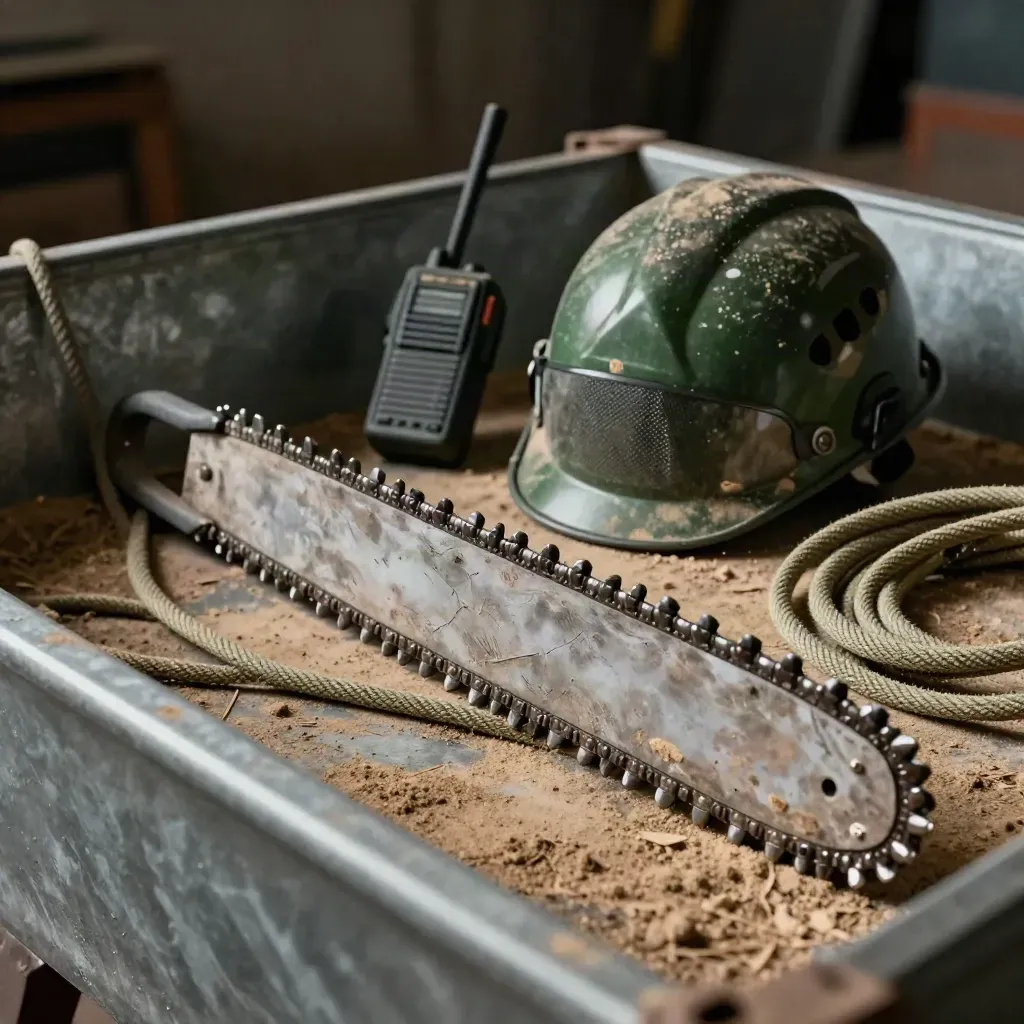 Casque forestier, guide-chaîne, radio et corde sur benne métallique, en lumière rasante.