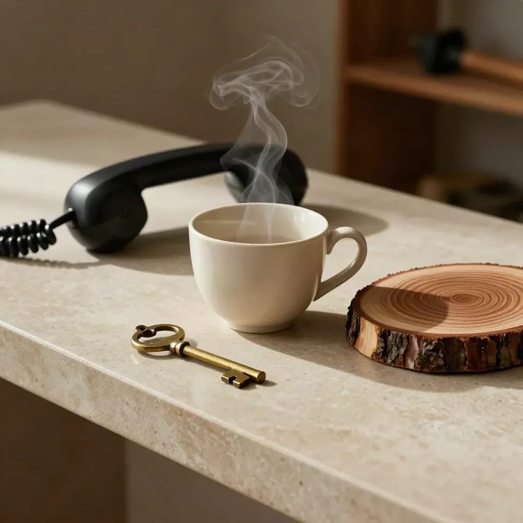Tasse crème fumante, combiné téléphonique, rondin poli et clé en laiton sur console minérale.