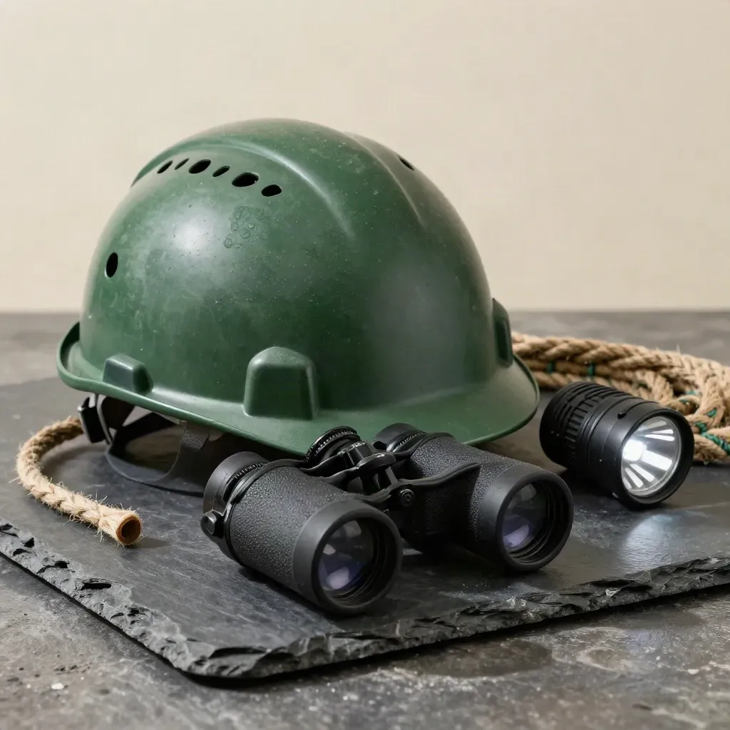 Casque forestier, jumelles, lampe frontale et corde sur une dalle de pierre, lumière du matin.