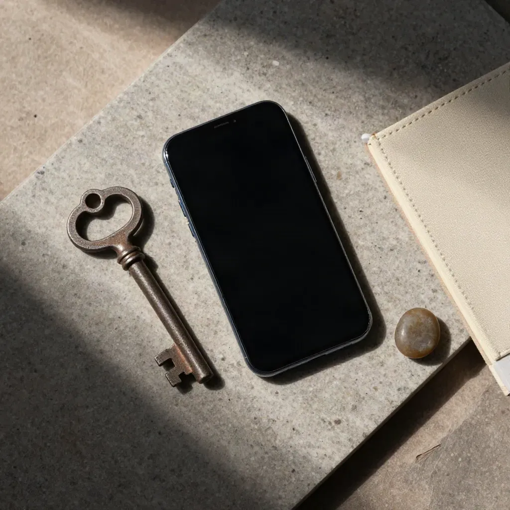 Vue de dessus d’un téléphone, d’une clé de portail, d’un carnet et d’un galet sur pierre.
