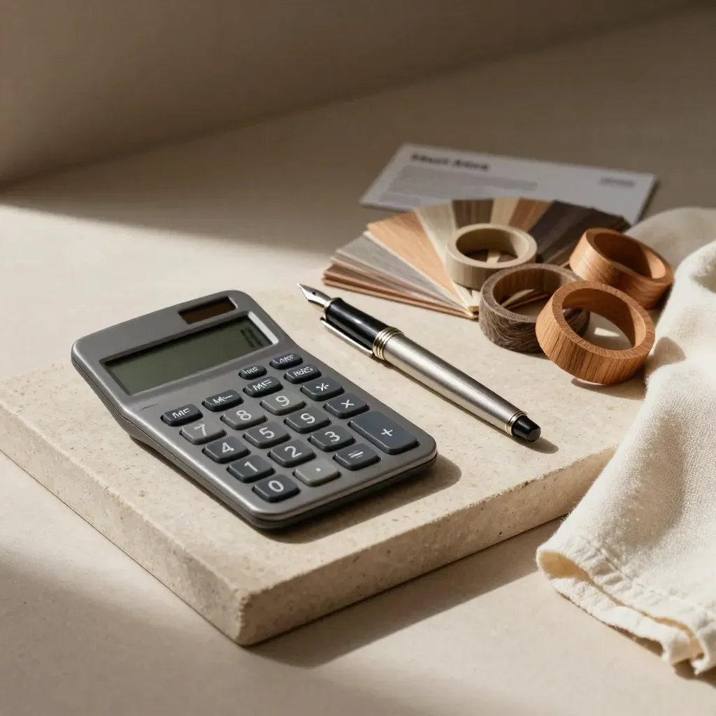 Calculatrice, carnet fermé, stylo capuchonné et anneaux d’échantillons de bois sur plateau clair.