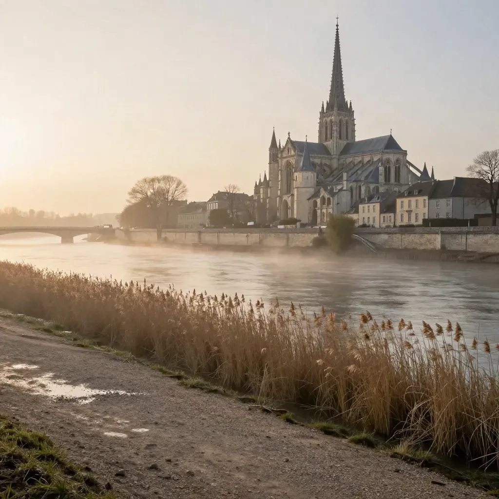 Vue matinale du Loiret depuis la Loire, flèches de la cathédrale d’Orléans dans la brume dorée.
