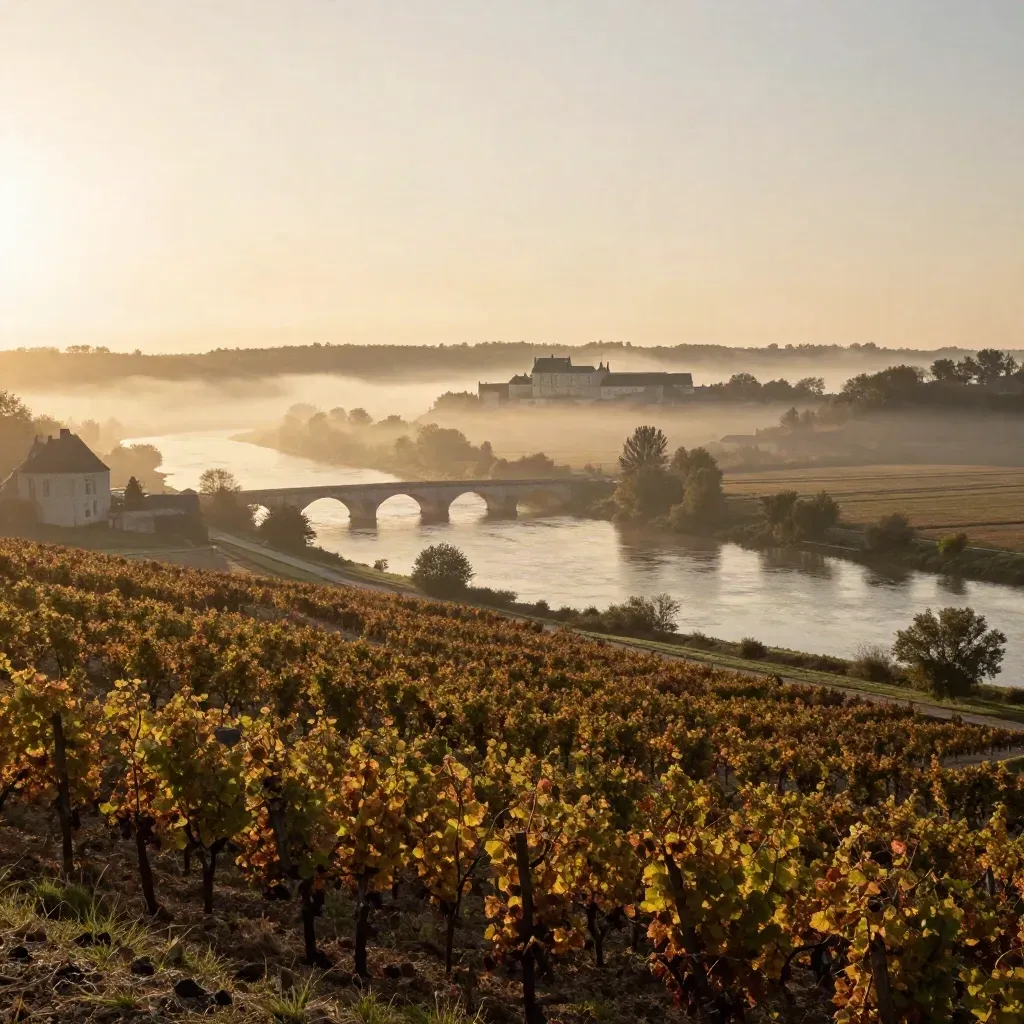 Vallée de la Loire en brume dorée, pont de pierre et château lointain au-dessus des vignes.