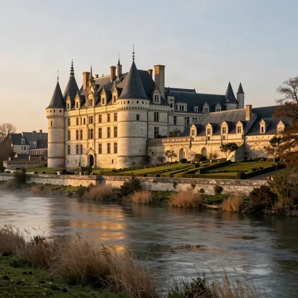 Château de Blois au-dessus de la Loire au crépuscule, avec jardins et rivière calme.