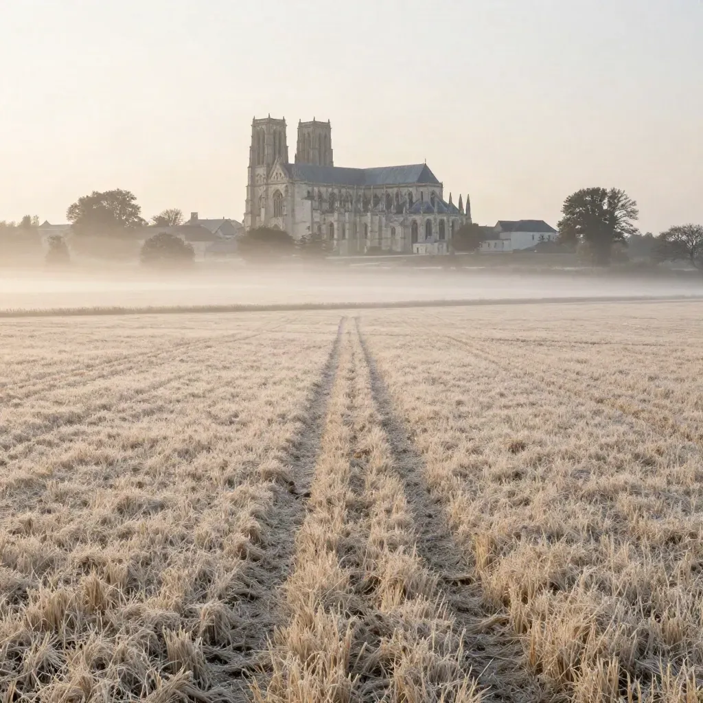 Horizon de Chartres sur les plaines de Beauce, brume légère et champs crayeux sous la lumière du matin.